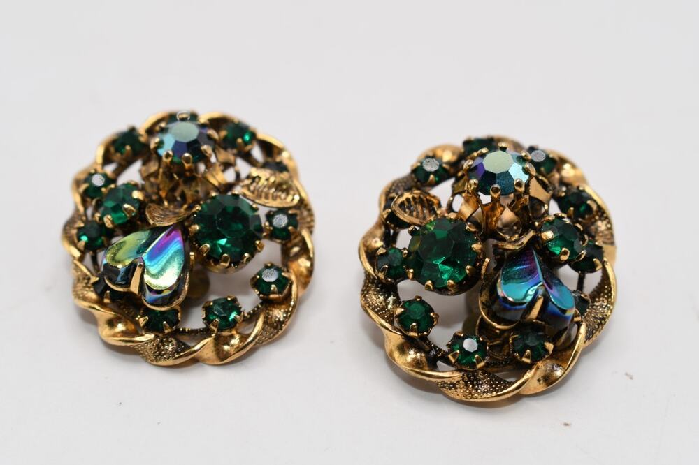 Vintage Austria Signed Green Rhinestone Floral Clip on Earrings
